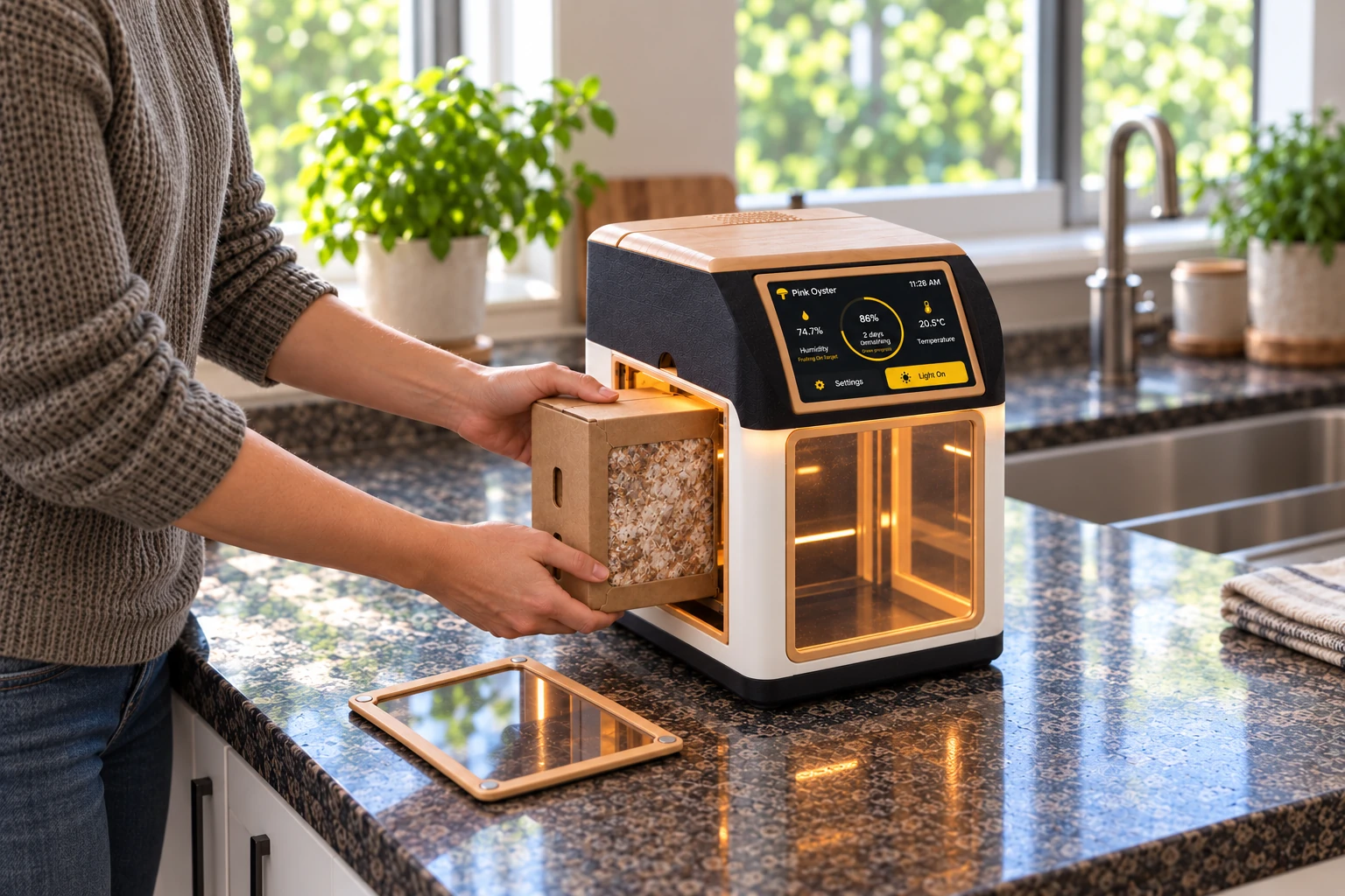 A person sliding a cardboard grow cartridge into the compact Mycelis machine from the side, with its magnetic window resting on the bench
