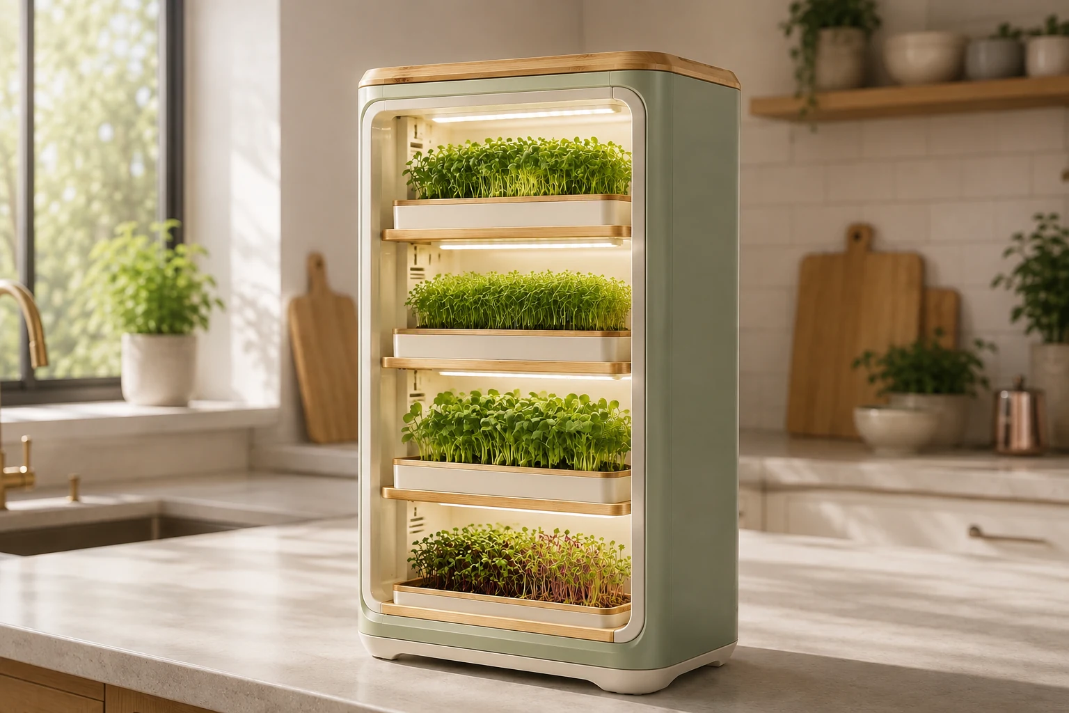 Virelis multi-tier microgreens appliance concept with four illuminated growing levels