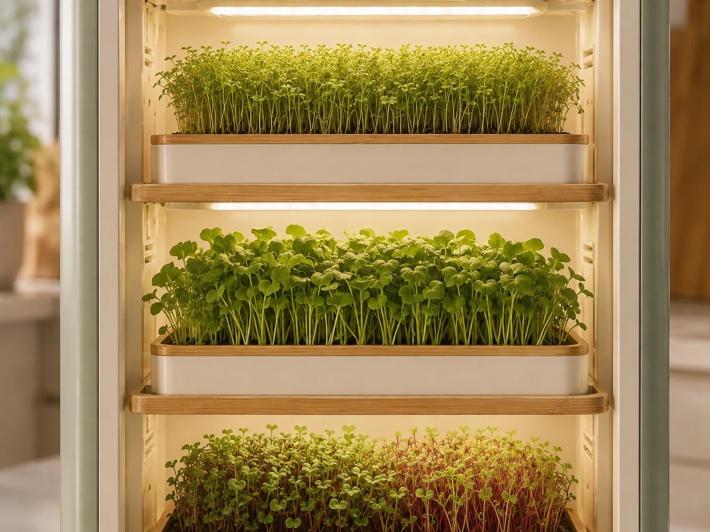 Close view of three illuminated Virelis microgreens trays at different growth stages